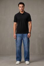 Men's Baggy Cargo Denim Jeans – Mid Blue - Image 2