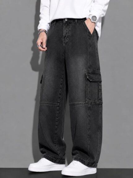 Men's Baggy Cargo Denim Jeans | Charcoal Grey